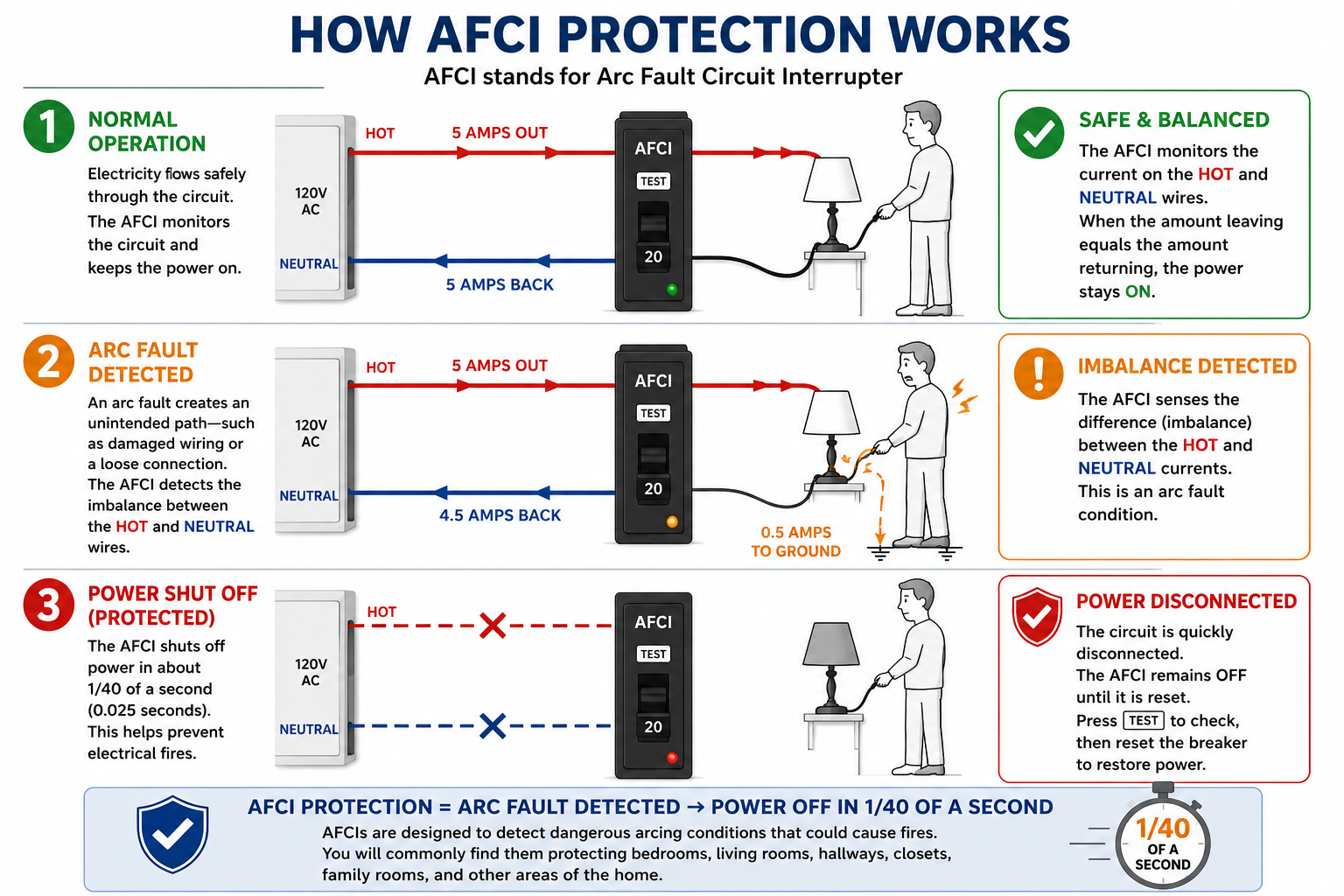Infographic showing how AFCI protection works: normal operation, arc fault detection, and power shutoff in 1/40 of a second