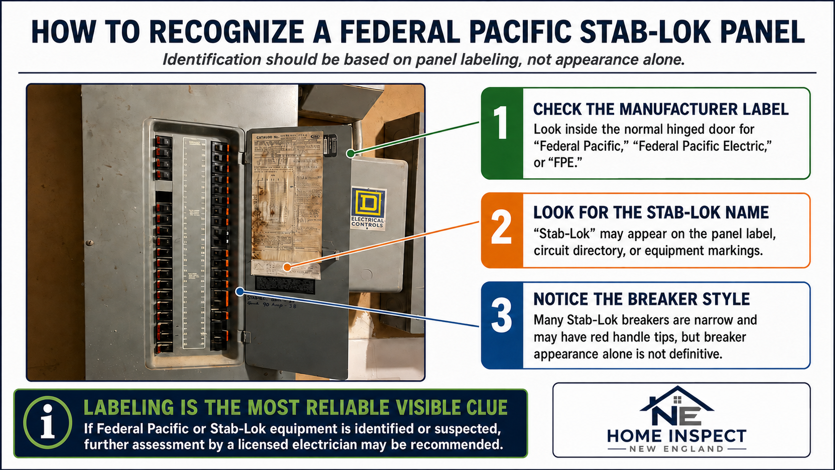 Educational infographic showing three steps to identify a Federal Pacific Stab-Lok panel: check the manufacturer label, look for the Stab-Lok name, and notice the breaker style