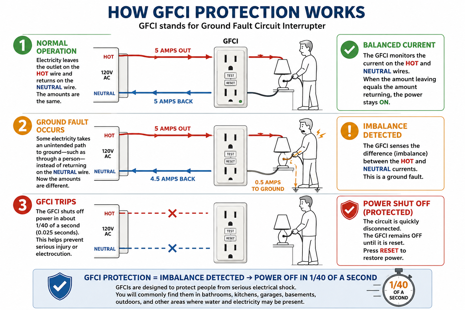 Diagram showing how GFCI protection works in three stages: normal operation with balanced current, ground fault detection with imbalanced current, and power shutoff in 1/40 of a second