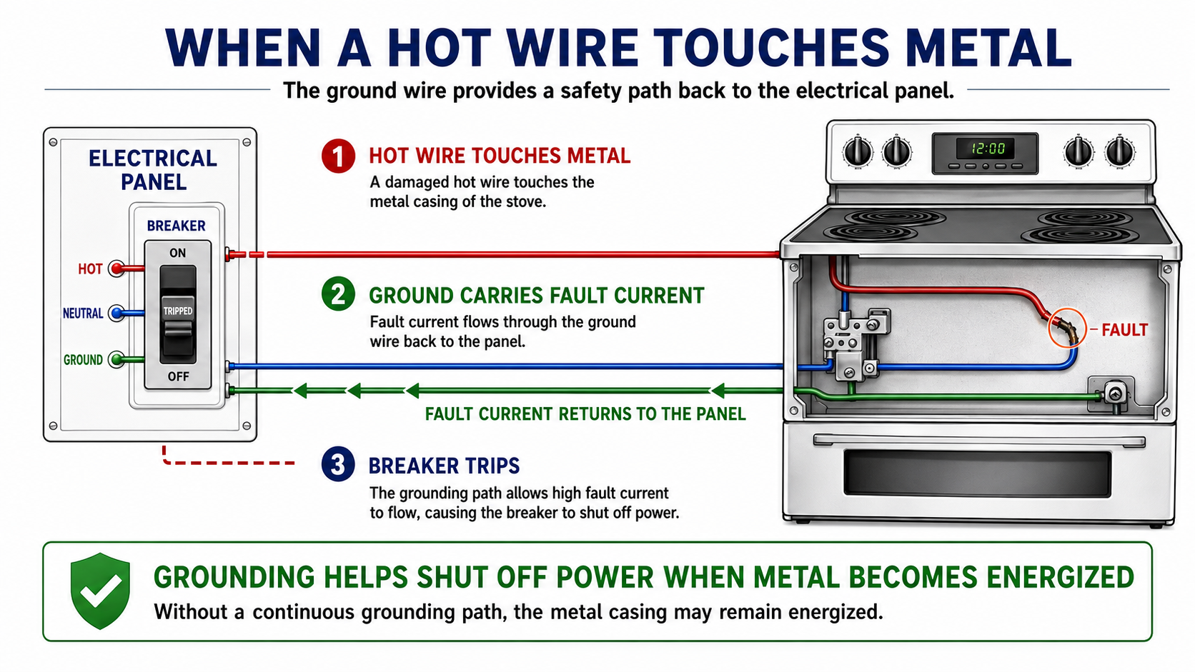 Diagram showing how a grounding path carries fault current back to the electrical panel when a hot wire contacts a metal appliance casing