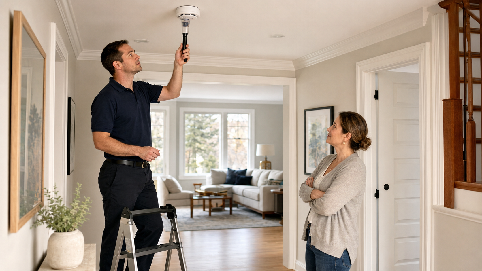 Home inspector checking a smoke and carbon monoxide alarm during a residential inspection