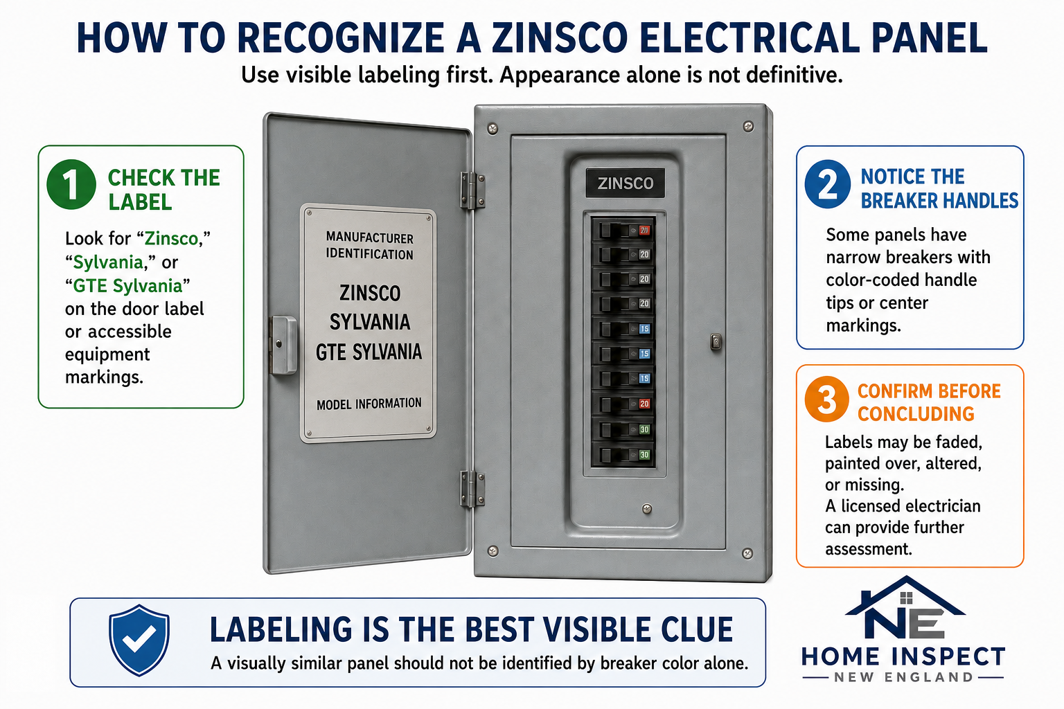 Educational infographic showing three steps to identify a Zinsco electrical panel: check the label for Zinsco, Sylvania, or GTE Sylvania; notice the narrow breaker handles with color-coded tips; and confirm before concluding since labels may be faded or missing